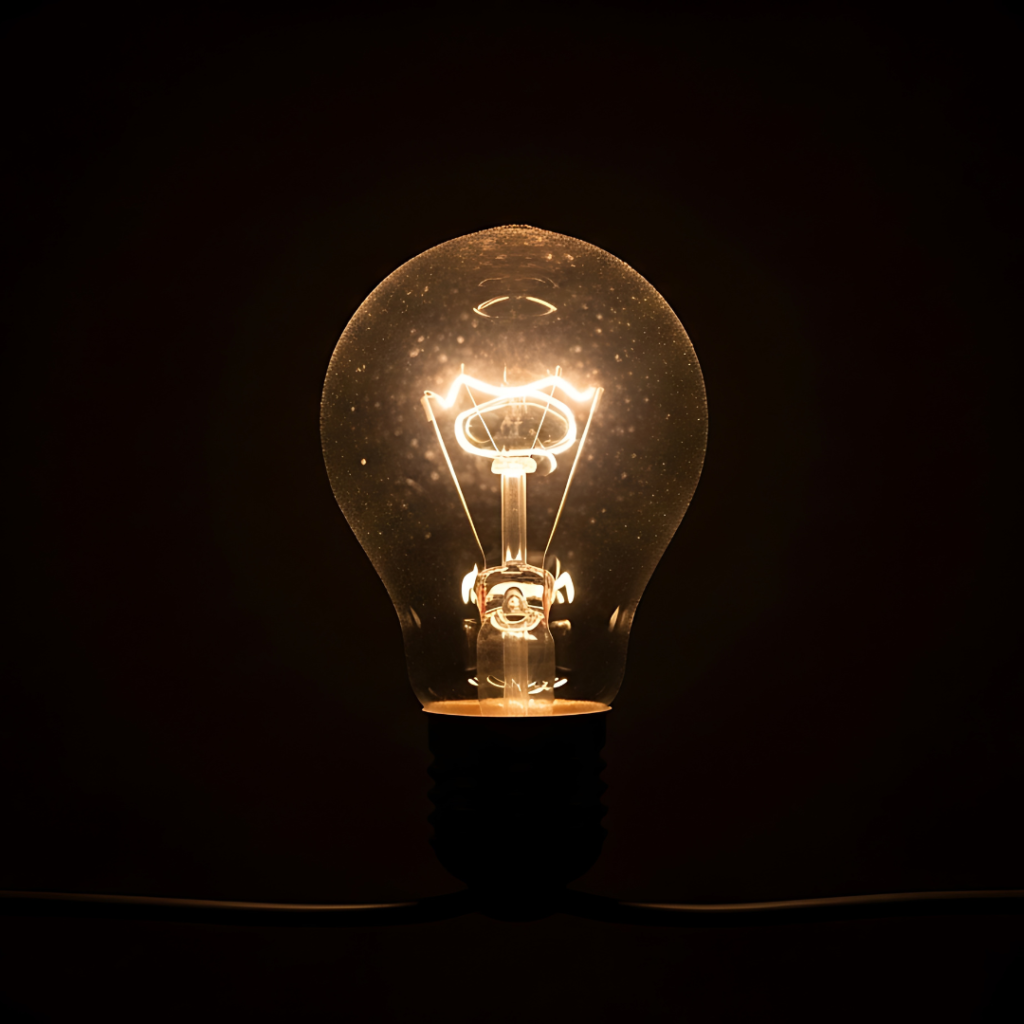 مصباح كهربائي متوهج في الظلام، يرمز إلى الإلهام والشرارة الإبداعية لـ أفكار فيديوهات تيك توك تجذب العملاء وتحقق نتائج للشركات.